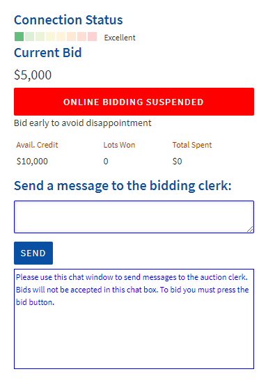 Bidding panel with a red bar reading Online bidding suspended