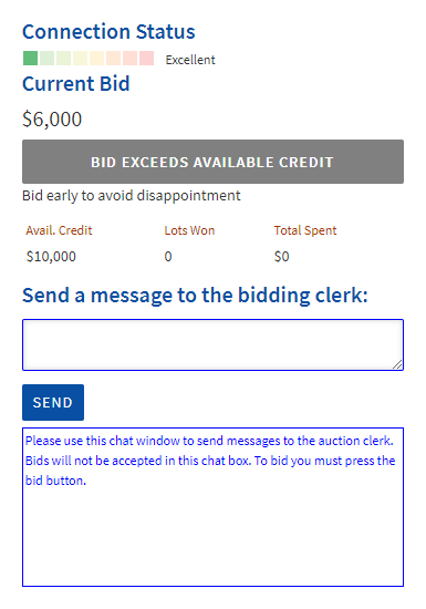 Bidding panel with a grey button reading Bid exceeds available credit